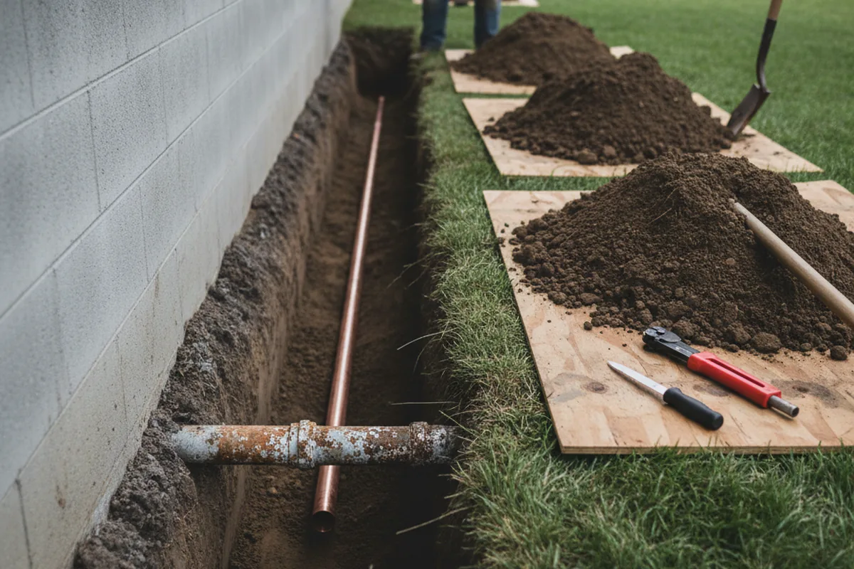 Excavated water line trench during Water Softener Installation in Andover